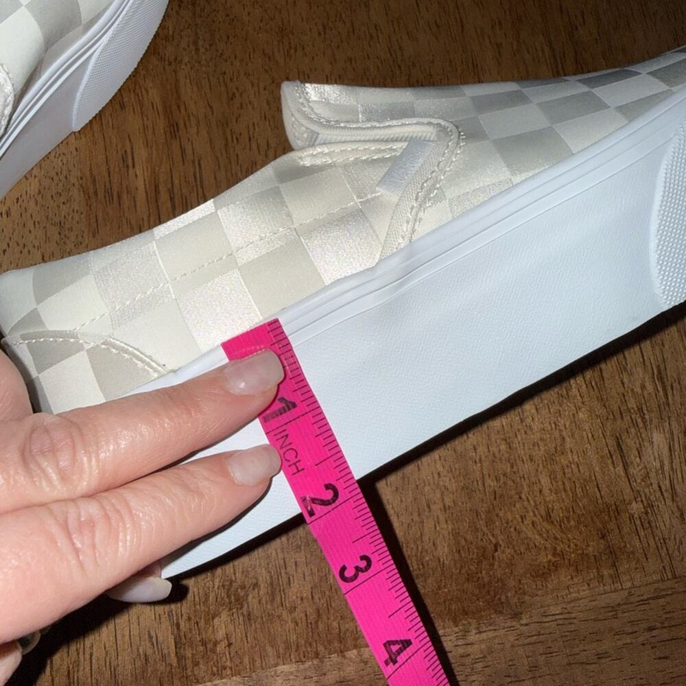NEW VANS CHECKERED STACKFORM PLATFORM SLIP ON SHINY SATIN IVORY CHECKERED SZ 7 - Picture 11 of 11